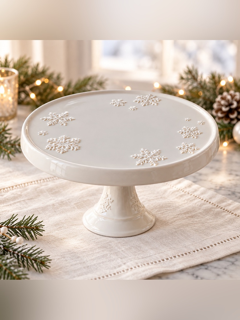 Hallmark White Embossed Snowflake Pedestal Cake Stand 10” Christmas